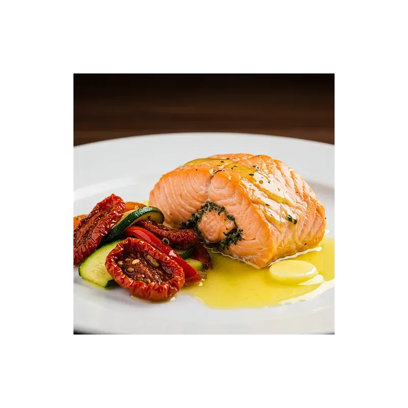 Paupiette de saumon sauce citron et ses légumes du soleil