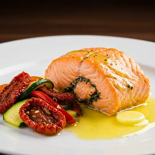 Paupiette de saumon sauce citron et ses légumes du soleil