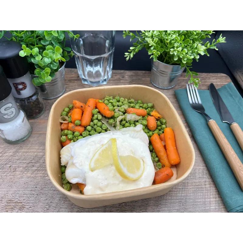 Loup de Mer Sauce au Citron Petit Pois Carottes aux Oignons