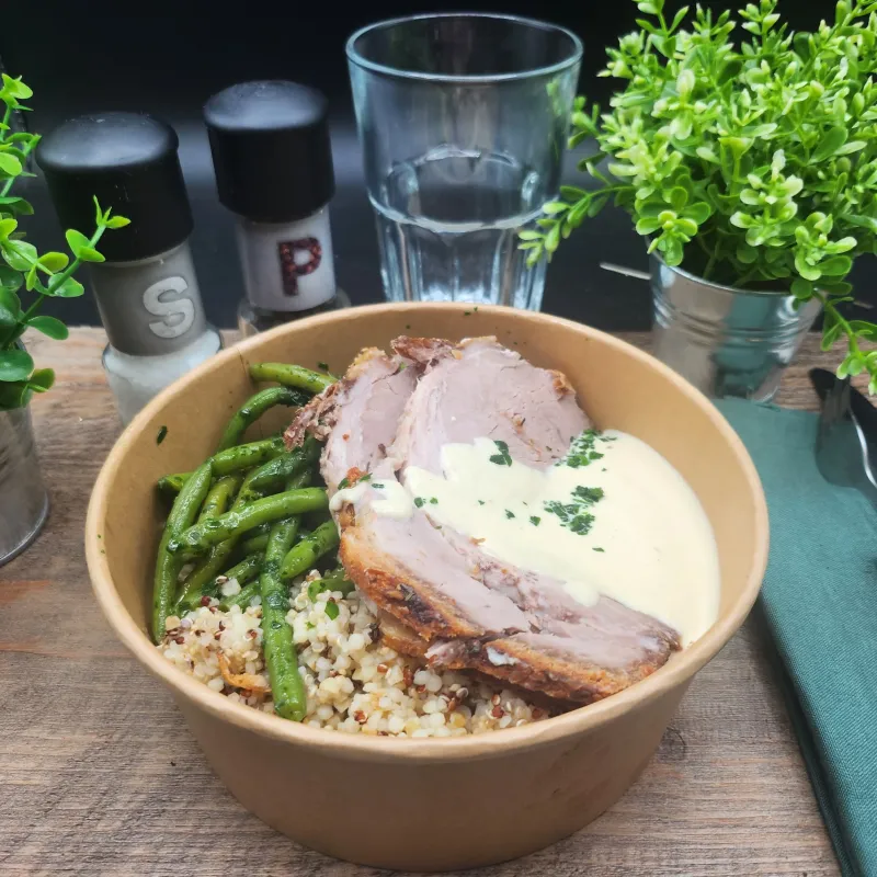Rôti de Porc Sauce Moutarde Haricots Verts Persillés Quinoa Gourmand